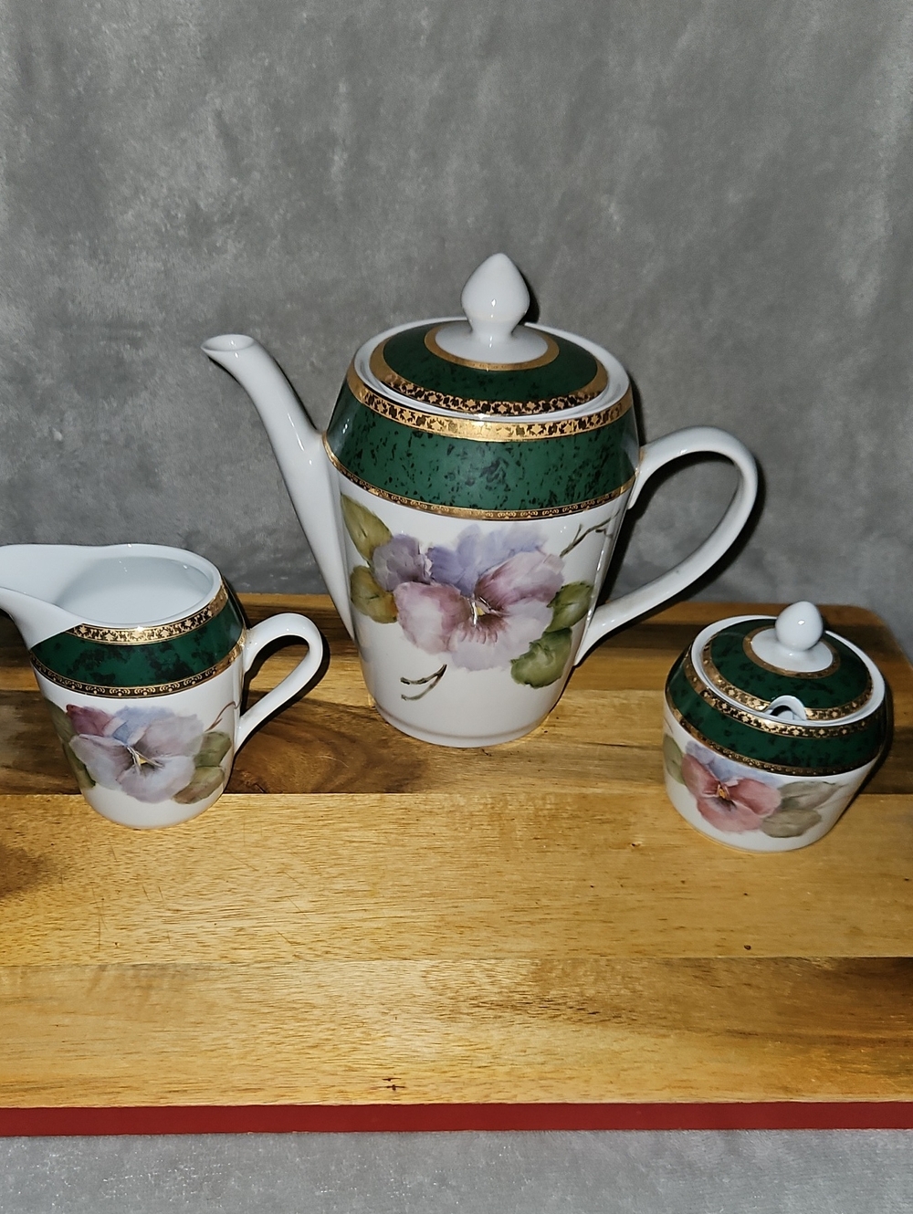 Porcelain Floral Teapot Set with Green and Gold Accents - 3 Piece